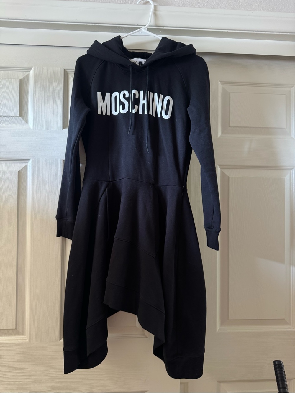 Moschino Black Hooded Logo Dress with Asymmetric Skirt